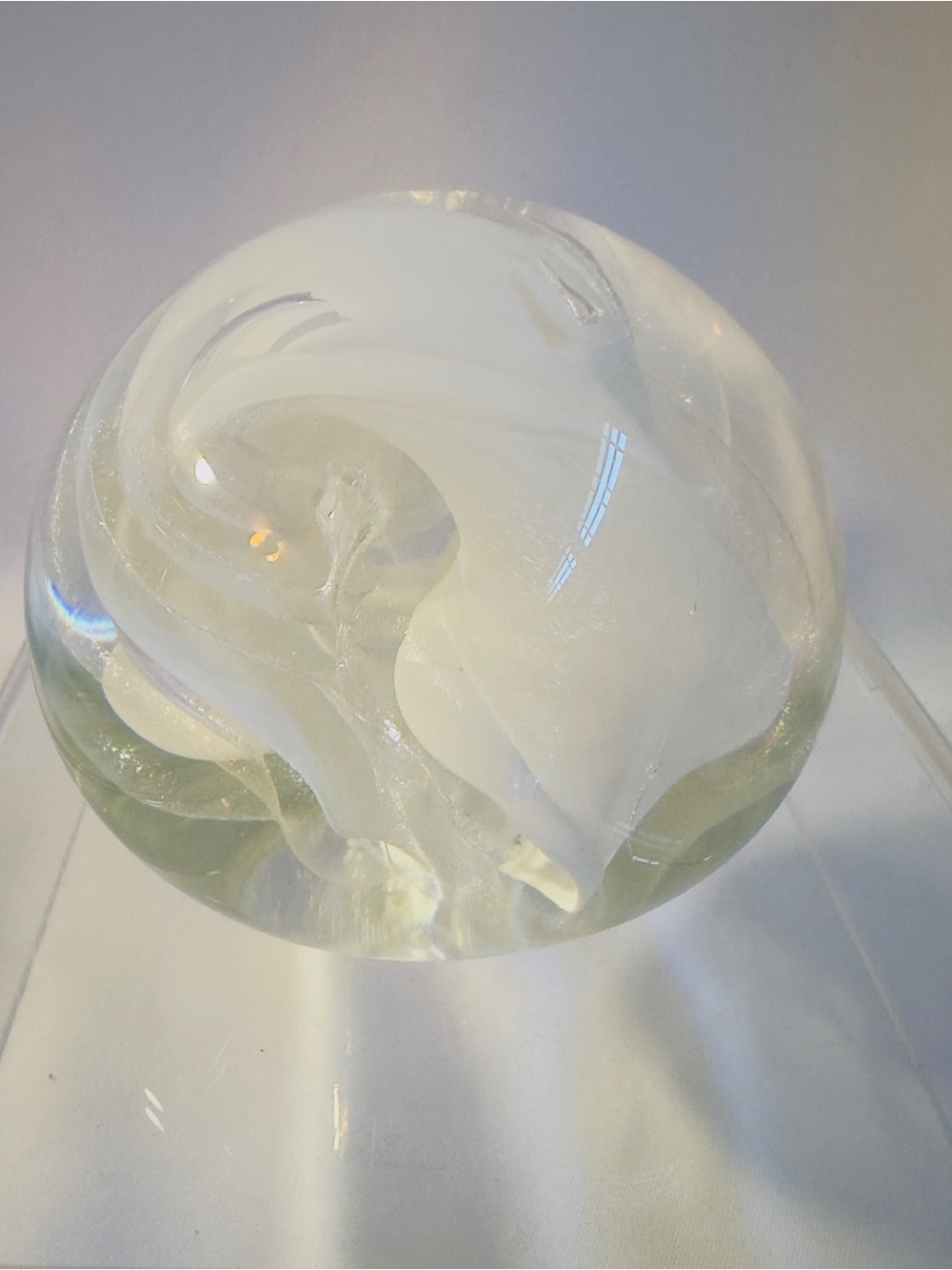 Vintage Art Glass White Swirl Ribbon Glass Paperweight Abstract Design Bubbles